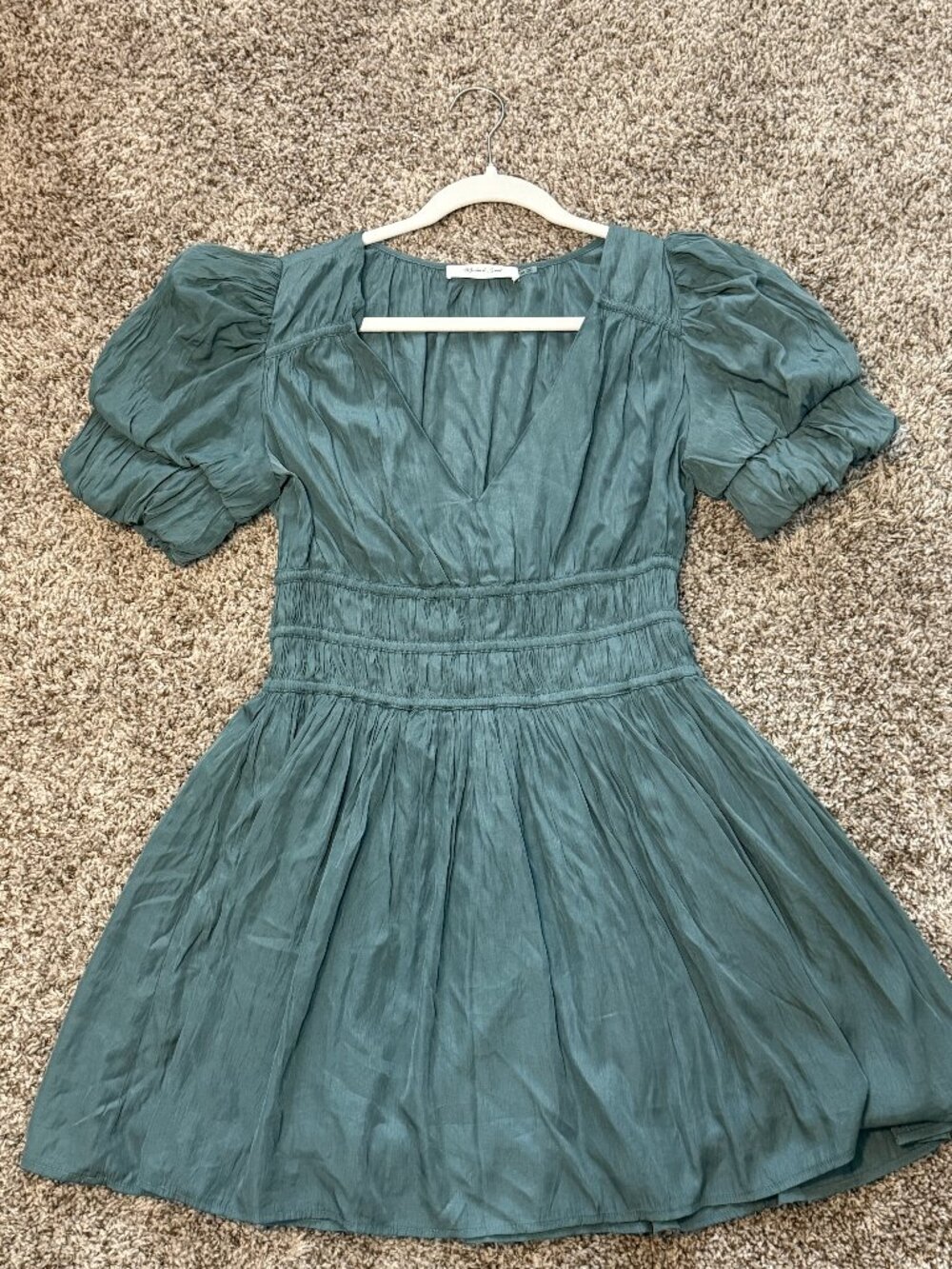 Mustard Seed | Green Puff Sleeve Smocked Waist Mini Dress | M